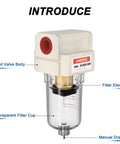 Workhorse Quarter Inch NPT Air Dryer For Compressor Water Separator AF2000 02 with transparent filter cup and manual drain visible