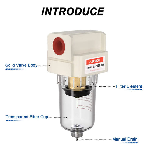 Workhorse Quarter Inch NPT Air Dryer For Compressor Water Separator AF2000 02 with transparent filter cup and manual drain visible
