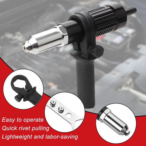 Pro Grade Rivet Gun Adapter Kit For Cordless Drills With Alloy Steel Head And Comfortable Grip, displayed with interchangeable rivet heads