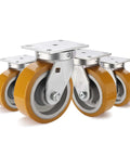 Extra Heavy Duty Kingpinless Swivel Plate Casters With 8 Inch Polyurethane Over Iron Wheels Deliver 16000 Lbs Load Rating Four Pack shown from an angle.
