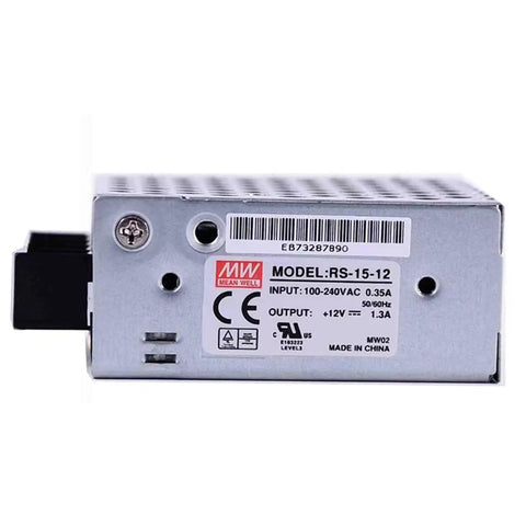 Top Shelf Industrial Switch Mode Power Supply 15W 12V 1.2A all metal housing with universal input from the back view.