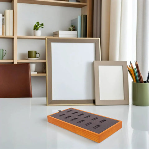 Slick Gray Solid Wood Jewelry Display Tray Featuring 12 Ring Slots on a desk with decorative items and picture frames.
