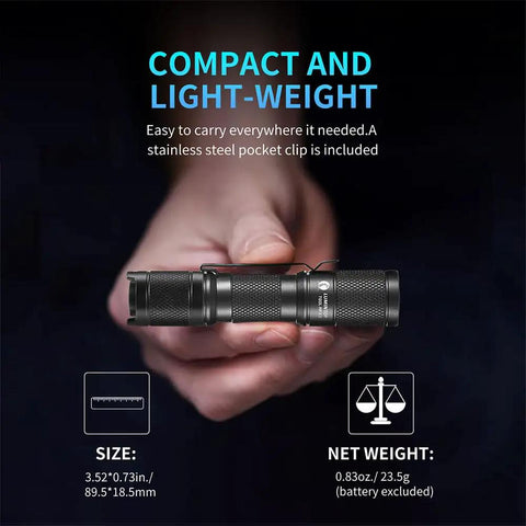 Person holding Tool AA Two Point Zero EDC Flashlight Like A Boss Pocket Sized Keychain Torch With 650 Lumens Of XPL HD Power
