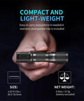 Hand holding Pocket Sized Super Bright Flashlight Set With Magnetic Tail Cap, 650 Lumens, 5 Modes. Size and weight displayed.