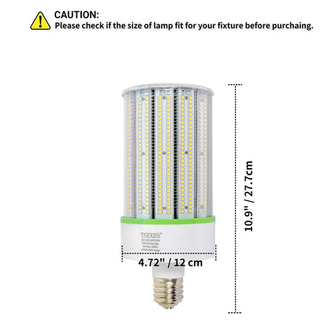 150W LED Corn Light Bulb With E39 Mogul Base, 21,000 Lumen, 5000K Daylight White, shown with size dimensions
