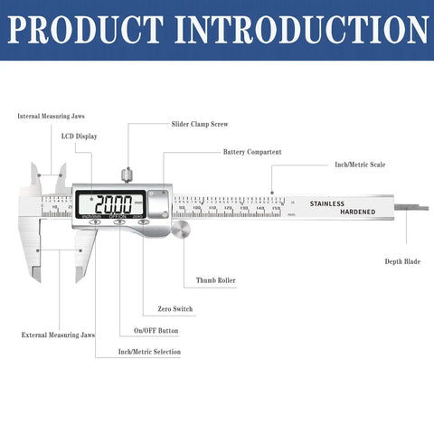 Diagram of Stainless Steel 6 Inch Digital Caliper With Large LCD Screen Auto Off Inch Metric Conversion Vernier Caliper