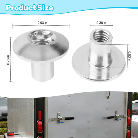 Rock Solid 5/16 Inch T55 Torx Domed Head Barrel Nuts Zinc Plated Steel 20 Pack beside trailer door with size measurements.