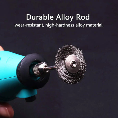 Close-up of 20 Pack Mini 1 Inch Wire Wheel Brush with 1/8 Inch Round Shank on drill, crimped wire for corrosion removal, alloy rod