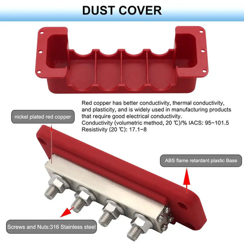 Top Grade Heavy Copper Bus Bar With Built Tough 600 Amp Power Distribution Block And Zero Fuss Surface Mount Battery Terminal Junction For Direct Current red ABS dust cover with nickel plated copper terminals