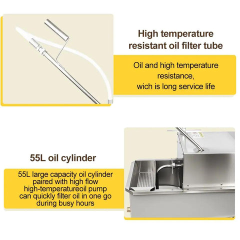 High temperature resistant oil filter tube and 55L oil cylinder part of Shop Ready Commercial Fryer Filter Cart.