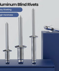 Heavy Duty Aluminum Blind Rivets 3/16 x 3/8 Inch 4.8 x 10mm Self Plugging Open End Pop Rivets for Metal displayed on blue surface
