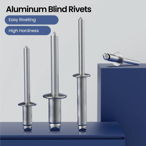 Heavy Duty Aluminum Blind Rivets 3/16 x 3/8 Inch 4.8 x 10mm Self Plugging Open End Pop Rivets for Metal displayed on blue surface