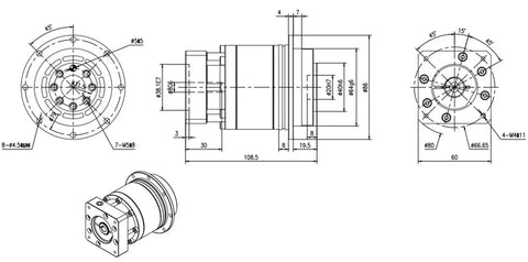 Rock Solid Two Stage Planetary Gear Reducer For Nema23 Stepper Motors detailed technical drawings showing dimensions and design.