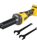 Built Like a Tank Brushless Cordless Die Grinder with 26000 RPM Four Speed Controls and Quarter Inch Collet shown with two wrenches.