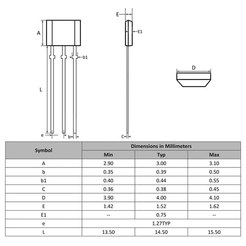 Technical dimensions diagram for 20 Pack AH3503 Linear Hall Sensor 3 Pin Magnetic Detector For Speed Position And Flow Measurement