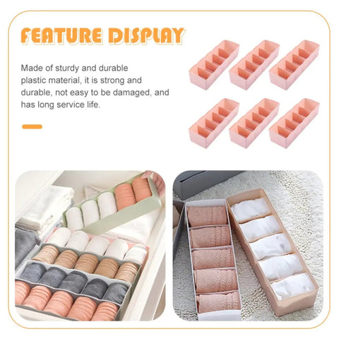 Six Piece Pink Plastic Underwear Drawer Organizer Set Smooth Dresser Storage Dividers displayed with various rolled socks.