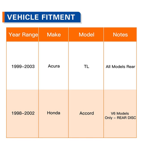 Vehicle fitment chart for Rear Wheel Hub and Bearing Assembly For 1999 Through 2003 Acura TL And 1998 Through 2002 Honda Accord V6 Models Rear Disc Compatible OEM Grade Replacement.