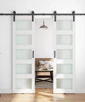Double Glass Barn Door Set With 6 Ft Sliding Hardware Kit Included, Frosted 5 Panel Design, White Waterproof PVC Surface, 36 By 84 Inches, Assembly Required, Durable MDF Frame For Modern Interiors Built To Last, installed view