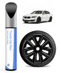 Premium Wheel Touchup Paint For Bmw Jet Black Alloy Rims No Sweat Scratch Repair Marker next to a BMW and a jet black wheel.