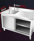 Top Shelf Heavy Duty Stainless Steel Kitchen Workbench With Integrated Sink And Smooth Sliding Cabinets dimensions labeled.