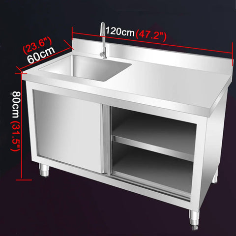 Top Shelf Heavy Duty Stainless Steel Kitchen Workbench With Integrated Sink And Smooth Sliding Cabinets dimensions labeled.