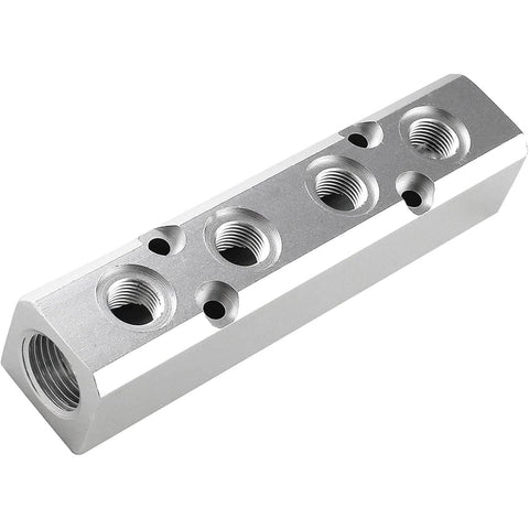 Four Way Pneumatic Manifold Aluminum Alloy Air Distribution Block With G1/2 Inlet Ports And G1/4 Outlets For Air Compressor Systems
