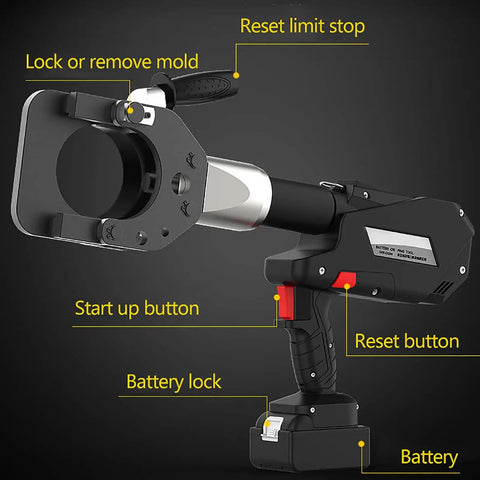 Side view of Beefy Electric Ratchet Cable Cutter With 120KN Hydraulic Action Battery Powered 105mm Wire Cutter showing controls