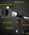 Electric Ratchet Cable Cutter With Battery Power, 120KN Hydraulic Cable Scissors showing buttons and battery