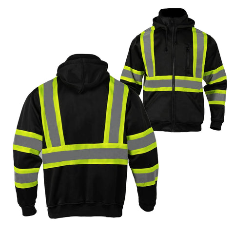High Visibility Hoodie For Men With Reflective ANSI Class 3 Safety, Detachable Hood And Stand Collar, Hi Vis Construction Work Sweatshirt
