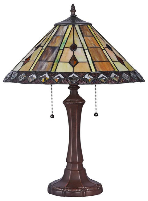 Old School Tiffany Style Geometric 2 Light Table Lamp With 16 Inch Shade And Vintage Glass Beads And Crystal Accents