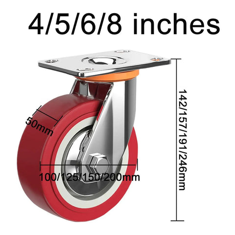 Heavy Duty Caster Wheels With Top Plate Swivel Noiseless Polyurethane Casters For Furniture Workbenches Carts And Garden Wagons Non Marking Floor Friendly Smooth Push And Pull, shown in 4 sizes