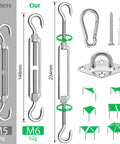Heavy Duty 304 Stainless Steel Shade Sail Hardware Kit For 6 Inch Installations showing turnbuckles, hooks, screws, compatible canopies.