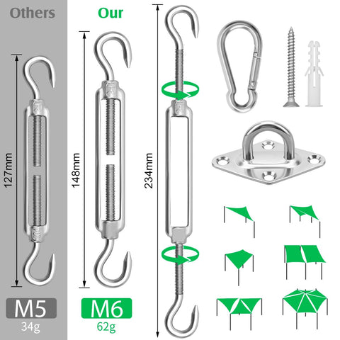 Heavy Duty 304 Stainless Steel Shade Sail Hardware Kit For 6 Inch Installations showing turnbuckles, hooks, screws, compatible canopies.