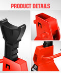 Pair of red 3-ton jack stands with black saddle and red release handle for car lifting.