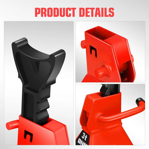 Pair of red 3-ton jack stands with black saddle and red release handle for car lifting.