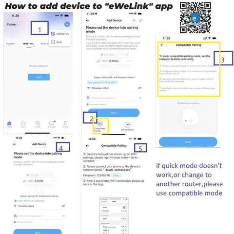 Wireless Smart Relay Module For Home Automation 5V Input With USB Or Screw Terminal 2.4G WiFi Only Dry Contact Relay Great For Access Control Garage Door PC Power EWeLink App Compatible app setup guide with QR code and pairing steps