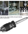 Close-up of Keyless Self Tightening Drill Chuck B16 Taper 13mm with metalworking scenes, ideal for industrial use.
