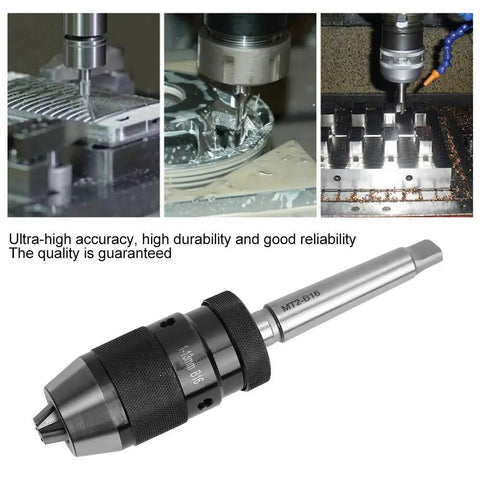 Close-up of Keyless Self Tightening Drill Chuck B16 Taper 13mm with metalworking scenes, ideal for industrial use.