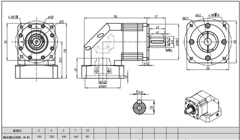 Rugged 130Mm 90 Degree Right Angle Planetary Gearbox Speed Reducer technical drawing with dimensions for heavy cycles.