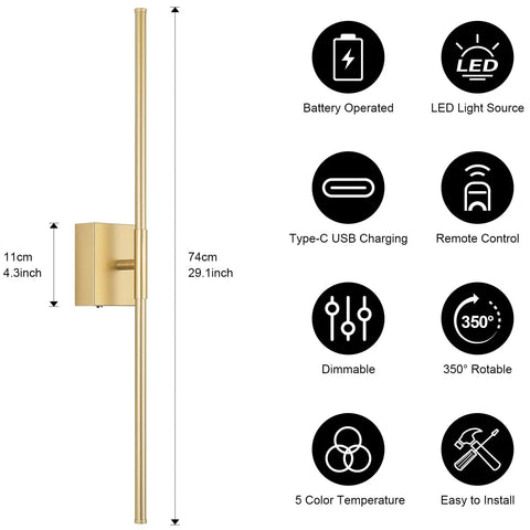 Diagram of Dope Battery Operated Wall Sconce Set Of Two With Remote Control Dimmable 3000K To 6000K, features and dimensions shown.
