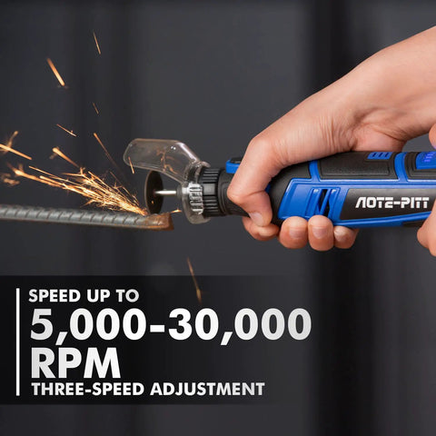 Hands using 8V Cordless Rotary Tool Kit With 130 Pcs Accessories, 30000 RPM, cutting metal, sparks flying, detail work.