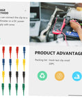 Color Coded Test Clip Probes For Multimeter Set 20 PCS, showing usage with digital multimeter and color-coded grabber leads.