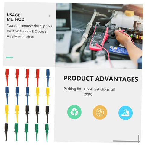 Color Coded Test Clip Probes For Multimeter Set 20 PCS, showing usage with digital multimeter and color-coded grabber leads.