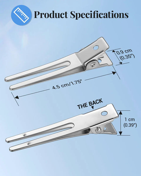 Product specifications showing 50 Pack Heavy Duty Metal Pin Curl Clips dimensions with detailed measurements.