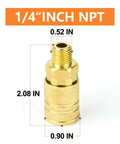 Front view of brass 1/4-inch NPT male quick-connect air coupler, 2.08 in long
