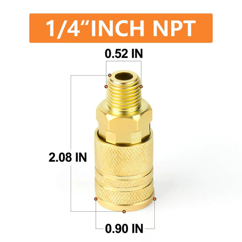 Front view of brass 1/4-inch NPT male quick-connect air coupler, 2.08 in long