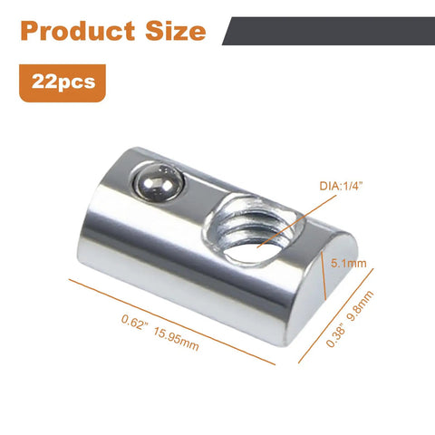 22 Pack One Quarter Inch 20 Threaded Steel Roll In T Nuts With Ball Spring For 10 Series Aluminum Extrusion Profiles T Slot Rails Rust Resistant Zinc Finish Quick And Easy To Install Heavy Duty Hardware Kit For Strong Secure Assemblies