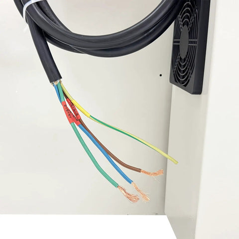 WYDDDARY 220V 3Phase Industrial Heat Shrink Wrap Machine With 13kw Power exposed wiring with color-coded conductors, showcasing installation details.