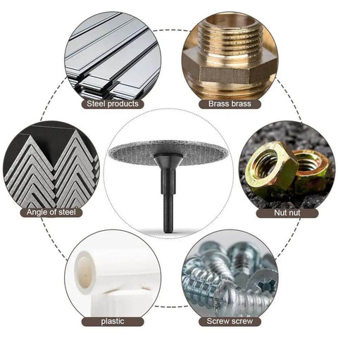 Six Piece Cut Off Wheel Set For Die Grinder With One Quarter Inch Stem Mandrel shown cutting metal, plastic, brass, and screws.