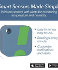 SensorPush HT1 temperature and humidity sensor, blue square plastic enclosure with green accent panel, front view